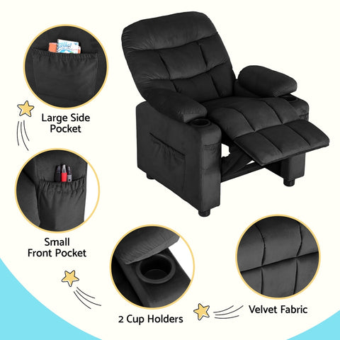 Keezi Kids Recliner Chair Black Velvet Sofa Lounge Couch Children Charis Armchair