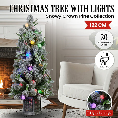 Swishmas Snowy Crown Pine Potted Christmas Tree 1.2m Multicolour Pre-Lit with Snowball Lights