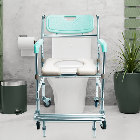 Orthonica Commode Chair With Castors Aluminium Frame Footrest Soft Push Handles