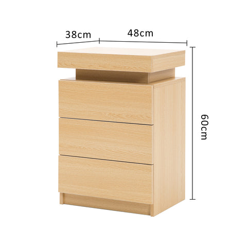 Bedside Table 3 Drawers RGB LED Bedroom Cabinet Nightstand Gloss GLORY OAK