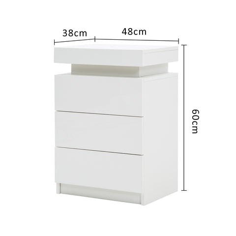 2X Bedside Table 3 Drawers RGB LED Bedroom Cabinet Nightstand Gloss GLORY WHITE