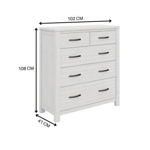 Foxglove Tallboy 5 Chest of Drawers Solid Ash Wood Bed Storage Cabinet - White