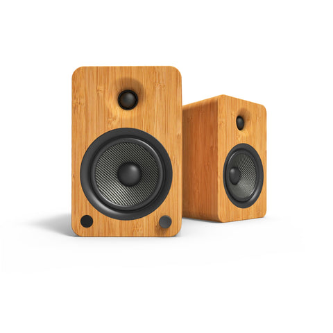 Kanto YU6 200W Powered Bookshelf Speakers with Bluetooth and Phono Preamp - Pair, Bamboo with SE6 Black Stand Bundle