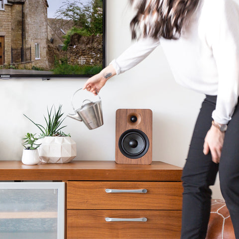 Kanto YU6 200W Powered Bookshelf Speakers with Bluetooth and Phono Preamp - Pair, Walnut with SX26 Black Stand Bundle