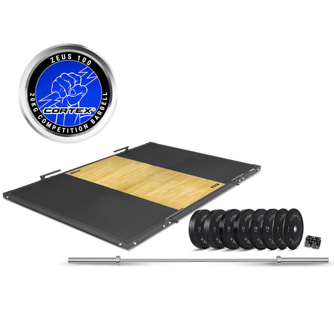 CORTEX 3m x 2m 50mm Weightlifting Framed Platform (Dual Density Mats) + 230kg Olympic V2 Weight Plates & Barbell Package