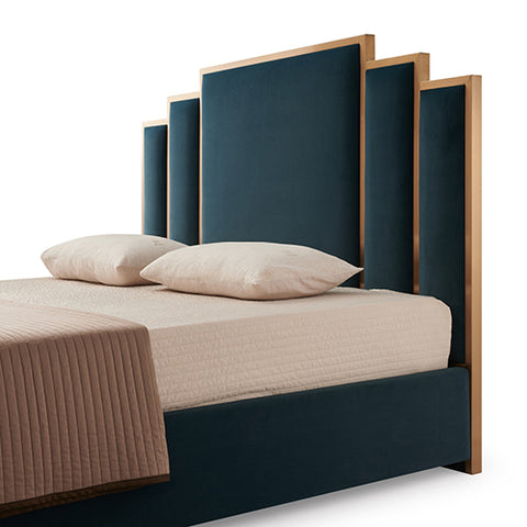 Austin Bed Frame Polyester Turquoise Fabric Padded Upholstery High Quality Slats Polished Stainless Steel Feet