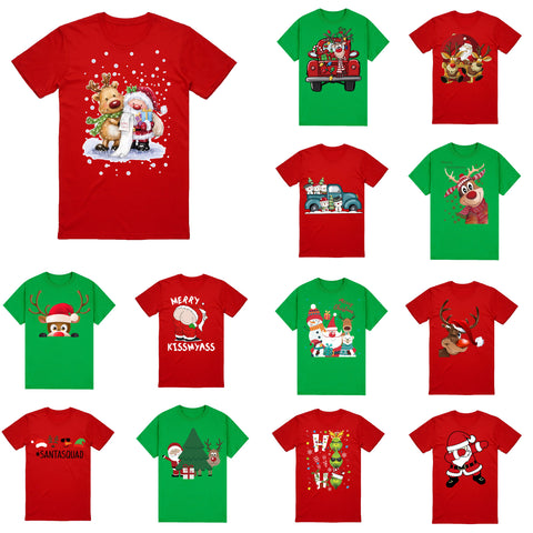 100% Cotton Christmas T-shirt Adult Unisex Tee Tops Funny Santa Party Custume, Car with Snowman (Red), 2XL