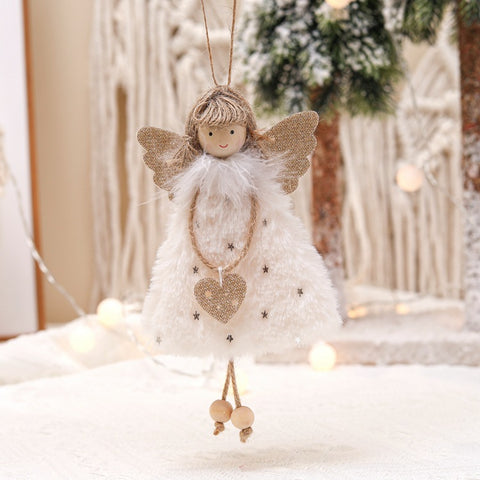 Fluffy Angel Hanging Ornament with Heart and Glitter Wings - Christmas Tree Decoration 16*10 cm White (6 pieces)