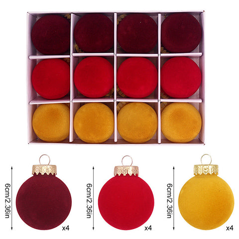 12-Piece Velvet Christmas Ornament Set - Classic Wine Red, Red, and Yellow Baubles for Holiday Tree Decoration (6cm)