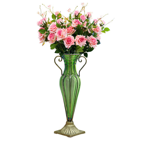 Green Glass Flower Vase with 6 Bunch 5 Heads Artificial Silk Rose Set