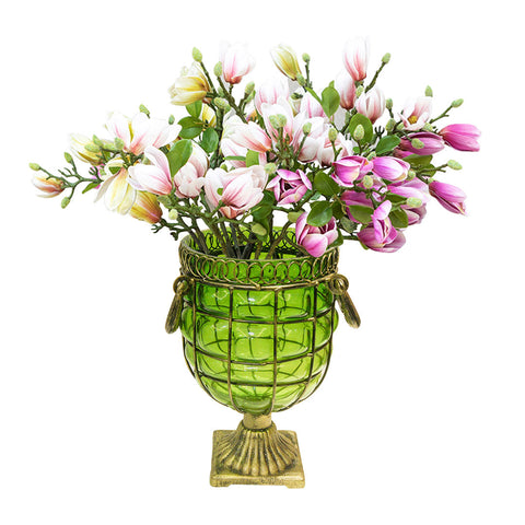 Green Glass Flower Vase with 6 Bunch 4 Heads Artificial Silk Magnolia denudata Set