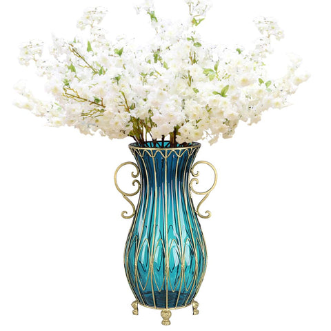 51cm Blue Glass Floor Vase and 10pcs White Artificial Flower Set