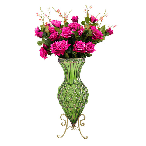 67cm Green Glass Floor Vase and 12pcs Dark Pink Artificial Flower Set