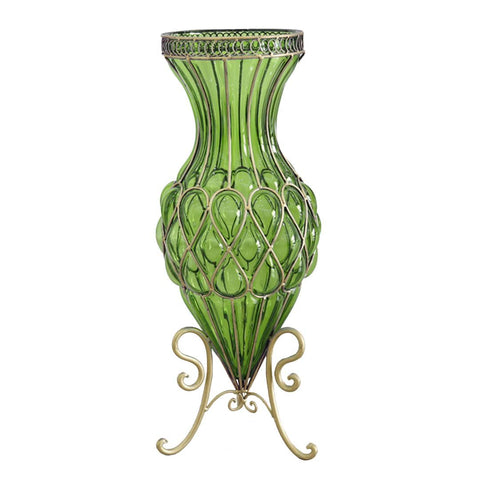 67cm Green Glass Floor Vase with Metal Stand