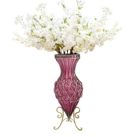 67cm Purple Glass Floor Vase with 10pcs White Artificial Flower Set