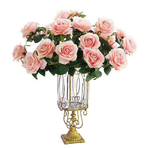 Clear Glass Cylinder Flower Vase with 4 Bunch 9 Heads Artificial Silk Set