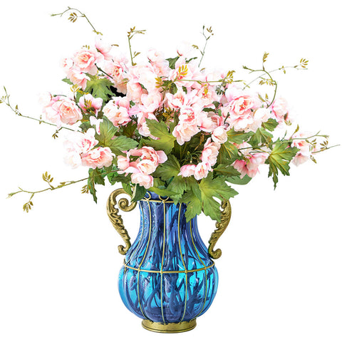 Blue Glass Flower Vase with 8 Bunch 3 Heads Artificial Silk Hibiscus Set