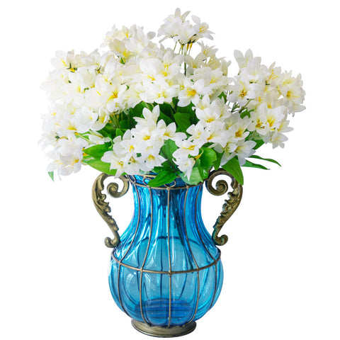 Blue Glass Flower Vase with 10 Bunch 6 Heads Artificial Silk Lilium nanum Set