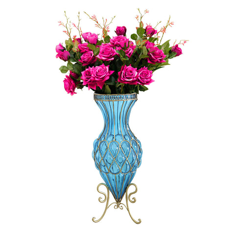 67cm Blue Glass Floor Vase and 12pcs Dark Pink Artificial Flower Set