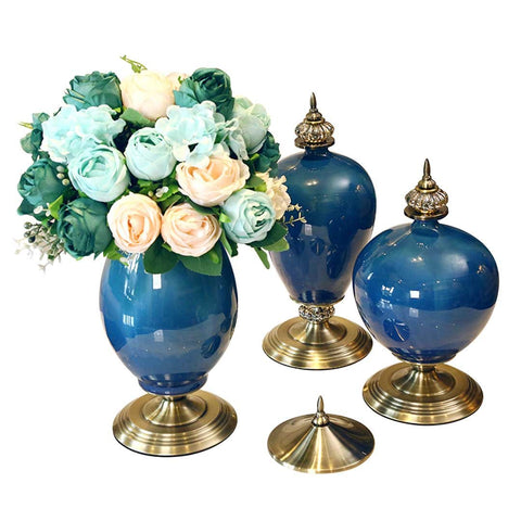 3x Ceramic Vase with Blue Flower Set Dark Blue