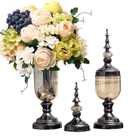 2x Clear Black Glass Vase with Lid and White Flower Set