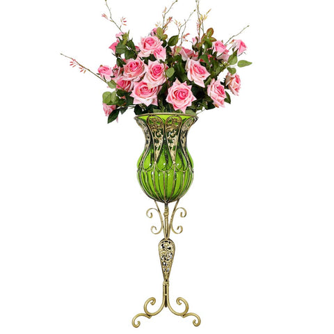 85cm Green Glass Floor Vase and 12pcs Pink Artificial Flower Set