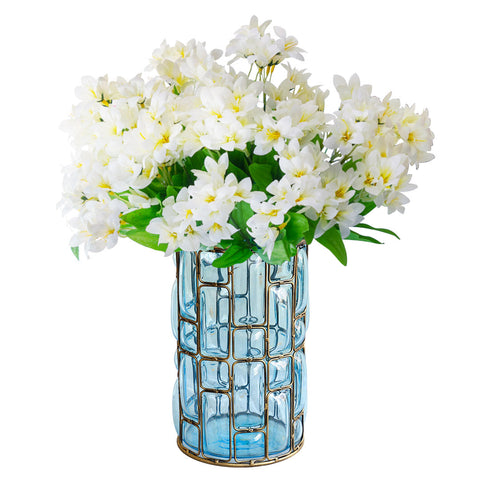 Blue Glass Cylinder Flower Vase with 10 Bunch 6 Heads Artificial Silk Lilium nanum Set