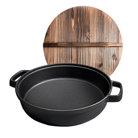 33cm Round Cast Iron Frying Pan with Wooden Lid