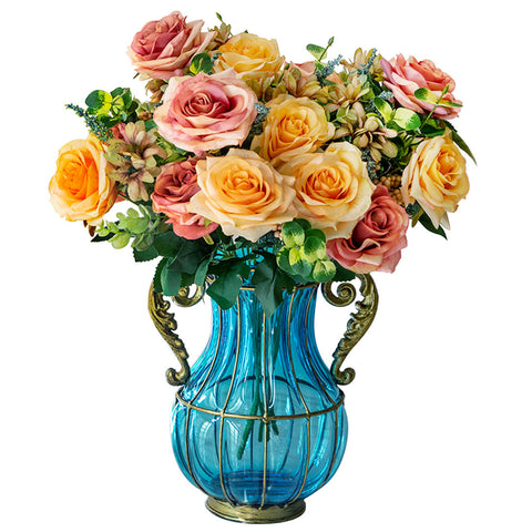 Blue Glass Flower Vase with 4 Bunch 11 Heads Artificial Silk Rose Set