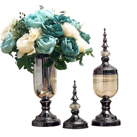 2x Clear Black Glass Vase with Lid and Blue Flower Set