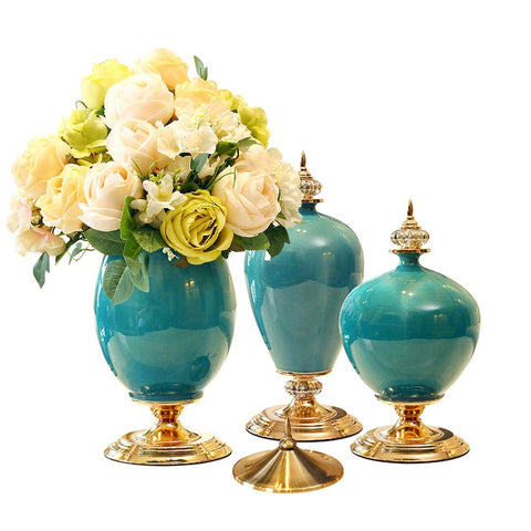 3x Ceramic Vase with Blue Flower Set Green