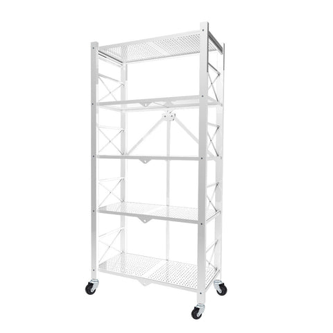 5 Tier Steel White Foldable Display Stand with Wheels