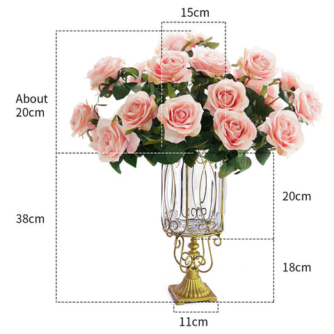 Clear Glass Cylinder Flower Vase with 4 Bunch 9 Heads Artificial Silk Set