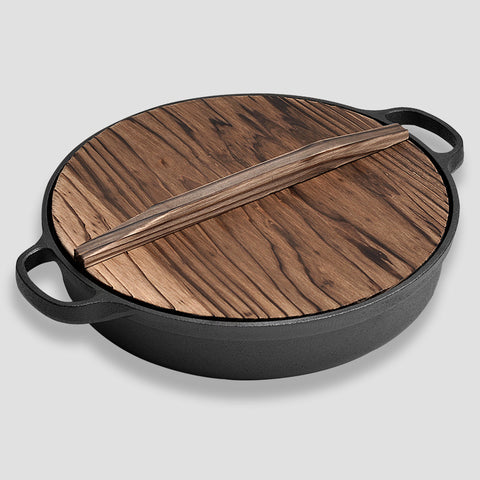 33cm Round Cast Iron Frying Pan with Wooden Lid