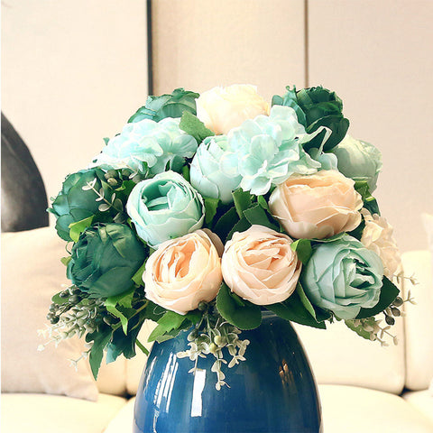 3pcs Artificial Silk with 15 Heads Rose Blue