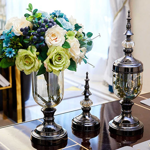 2x Clear Black Glass Vase with Lid and Blue Flower Set