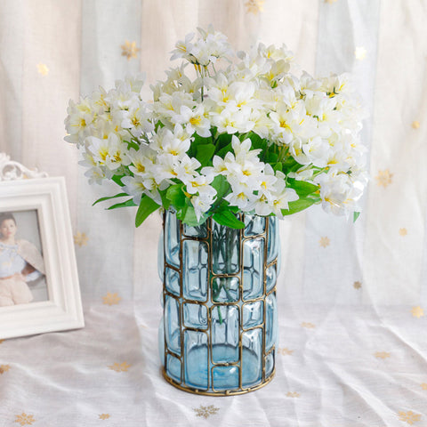 Blue Glass Cylinder Flower Vase with 10 Bunch 6 Heads Artificial Silk Lilium nanum Set