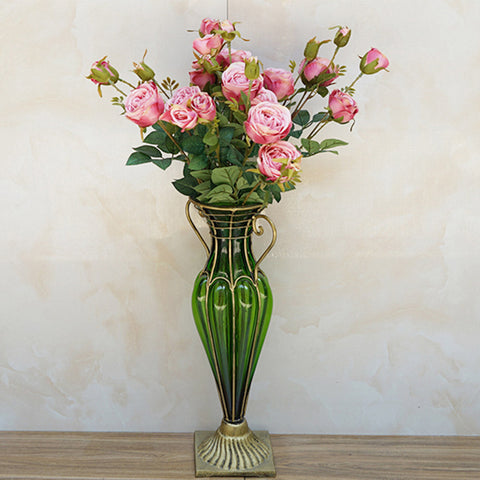 Green Glass Flower Vase with 8 Bunch 5 Heads Artificial Silk Rose Set