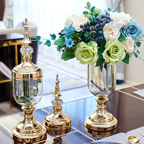 2x Clear Black Glass Vase with Lid and Blue Flower Set