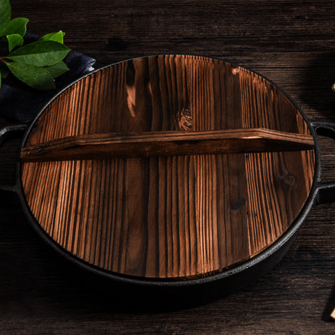 33cm Round Cast Iron Frying Pan with Wooden Lid