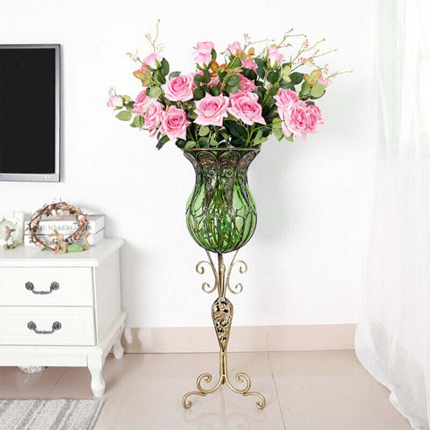 85cm Green Glass Floor Vase and 12pcs Pink Artificial Flower Set