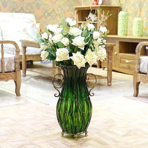 51cm Green Glass Floor Vase with 12pcs White Artificial Flower Set