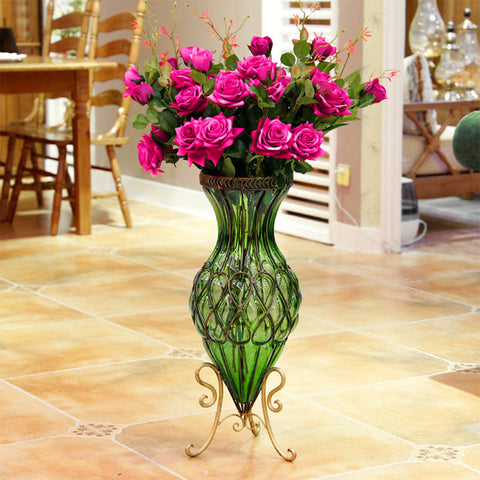 67cm Green Glass Floor Vase and 12pcs Dark Pink Artificial Flower Set