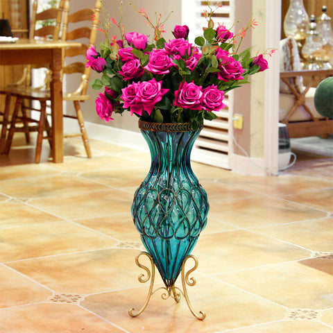 67cm Blue Glass Floor Vase and 12pcs Dark Pink Artificial Flower Set