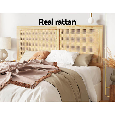 Artiss Rattan Bed Frame Queen Size Bed Head Headboard Bedhead Base RIBO Pine