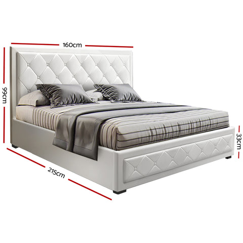 TIYO Queen Size Gas Lift Bed Frame Base With Storage Mattress White Leather