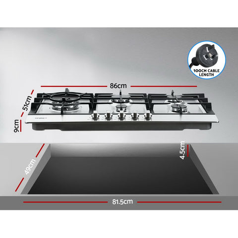 Devanti Gas Cooktop 90cm Kitchen Stove Cooker 5 Burner Stainless Steel NG/LPG Silver