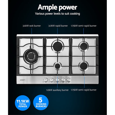 Devanti Gas Cooktop 60cm Kitchen Stove 4 Burner Cook Top NG LPG Stainless Steel Silver