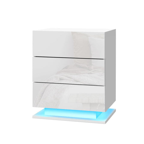 Artiss Bedside Tables Side Table RGB LED Lamp 3 Drawers Nightstand Gloss White