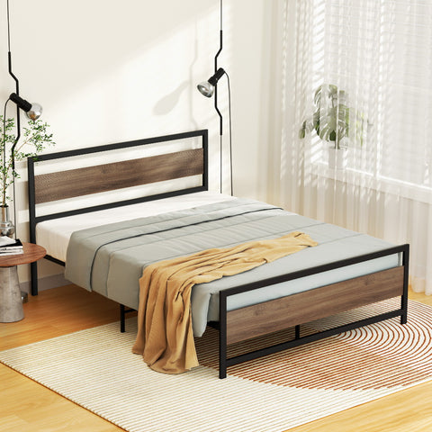 Artiss Bed Frame Metal Bed Base Double Size Platform Wooden Headboard Black DREW